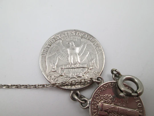 Women's articulated bracelet. US dollar cent coins. Sterling silver. Ring clasp. 1940's