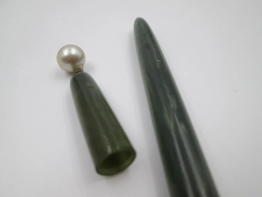 Women's ballpoint pen. Green marble plastic. Pearl ornament on top. Europe. 1950's