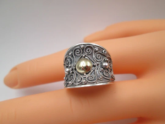 Women's broad ring. Sterling silver and 9 karat gold details. Vegetable motifs. 2000's