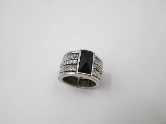 Women's broad ring. Sterling silver. Black stone and white gems trim. Europe. 1990's Women's broad ring. Sterling silver. Black stone and white gems trim. Europe. 1990's
