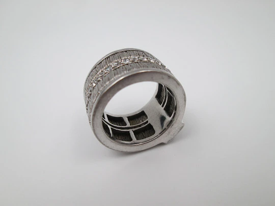 Women's broad ring. Sterling silver. Black stone and white gems trim. Europe. 1990's Women's broad ring. Sterling silver. Black stone and white gems trim. Europe. 1990's