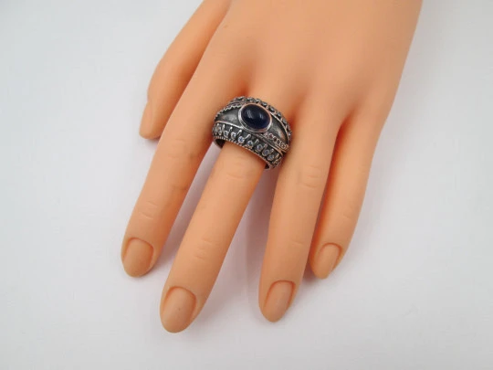 Women's broad ring. Sterling silver. Pink and white gems. Cabochon stone. Portugal. 2000's