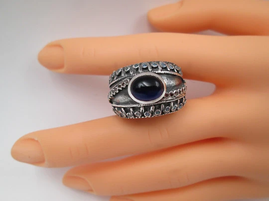 Women's broad ring. Sterling silver. Pink and white gems. Cabochon stone. Portugal. 2000's Women's broad ring. Sterling silver. Pink and white gems. Cabochon stone. Portugal. 2000's