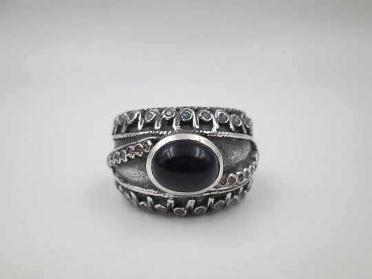 Women's broad ring. Sterling silver. Pink and white gems. Cabochon stone. Portugal. 2000's Women's broad ring. Sterling silver. Pink and white gems. Cabochon stone. Portugal. 2000's