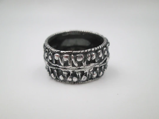 Women's broad ring. Sterling silver. Pink and white gems. Cabochon stone. Portugal. 2000's Women's broad ring. Sterling silver. Pink and white gems. Cabochon stone. Portugal. 2000's