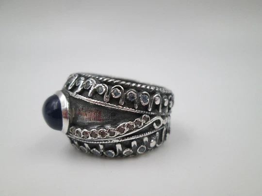 Women's broad ring. Sterling silver. Pink and white gems. Cabochon stone. Portugal. 2000's Women's broad ring. Sterling silver. Pink and white gems. Cabochon stone. Portugal. 2000's