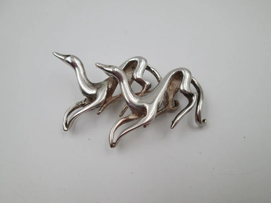 Women's brooch. 925 sterling silver. Greyhounds running pair. Pin back. France