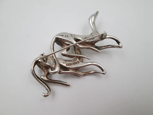 Women's brooch. 925 sterling silver. Greyhounds running pair. Pin back. France
