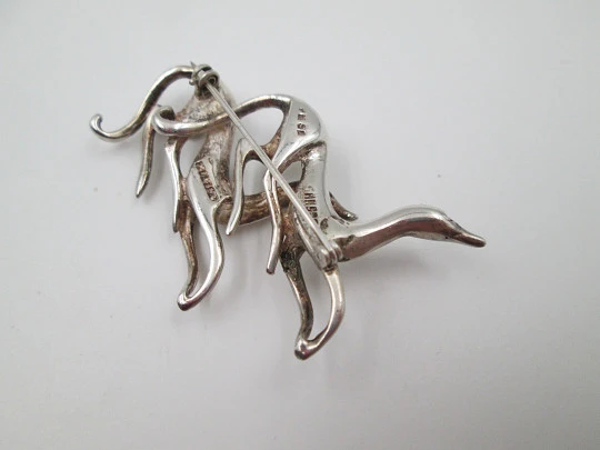 Women's brooch. 925 sterling silver. Greyhounds running pair. Pin back. France