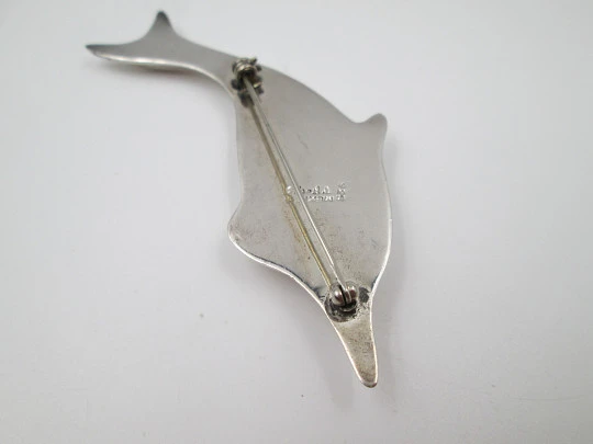 Women's brooch. 925 sterling silver. Swimming dolphin figure. Pin on back. Mexico. 1960's Women's brooch. 925 sterling silver. Swimming dolphin figure. Pin on back. Mexico. 1960's