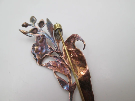 Women's brooch. Peacock on branch with flowers. Vermeil sterling silver. Europe. 1950's