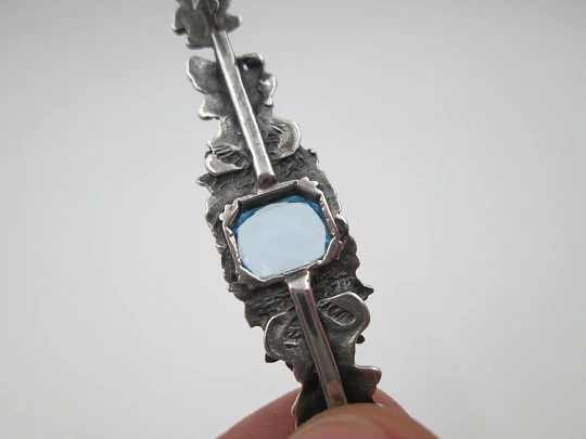 Women's brooch. Sterling silver. Floral & vegetable motifs. Blue gem. 1960's. Europe