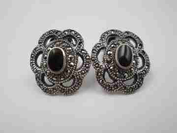 Women's clip earrings. Sterling silver, black stones and marcasite. 1960's