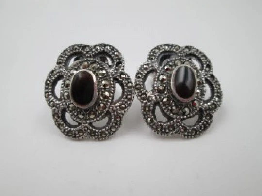 Women's clip earrings. Sterling silver, black stones and marcasite. 1960's