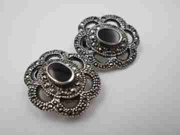 Women's clip earrings. Sterling silver, black stones and marcasite. 1960's