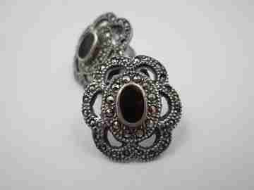 Women's clip earrings. Sterling silver, black stones and marcasite. 1960's