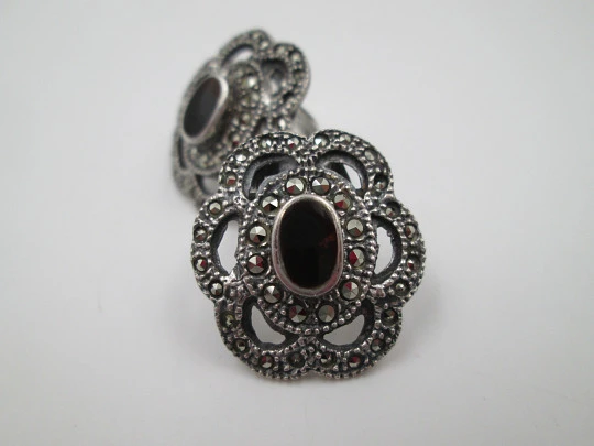 Women's clip earrings. Sterling silver, black stones and marcasite. 1960's