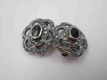 Women's clip earrings. Sterling silver, black stones and marcasite. 1960's