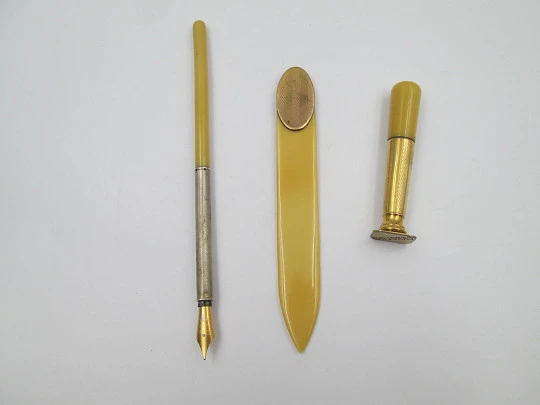 Women's desk writing set. Celluloid ivory and gold-plated metal. Original box. 1930's. Spain