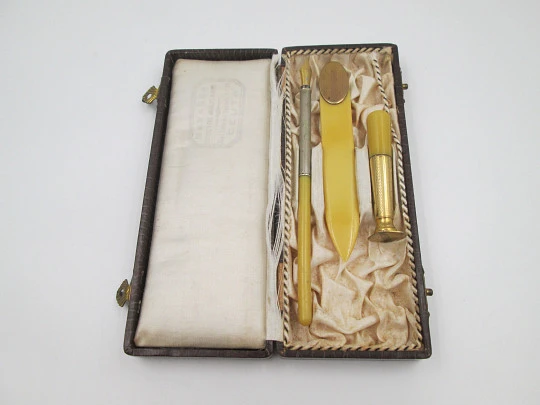 Women's desk writing set. Celluloid ivory and gold-plated metal. Original box. 1930's. Spain