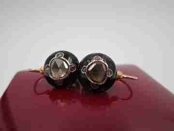 Women's earrings. 18k yellow gold. 1900. Diamonds and black enamel
