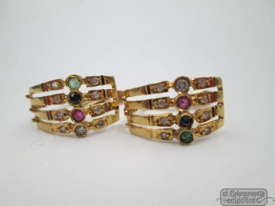 Women's earrings. 18K yellow gold. Sapphires, emeralds & rubies. 1990's