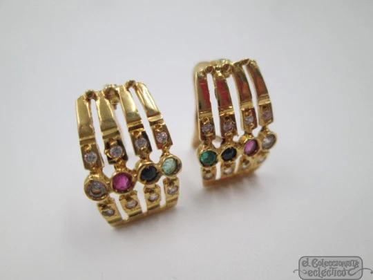 Women's earrings. 18K yellow gold. Sapphires, emeralds & rubies. 1990's