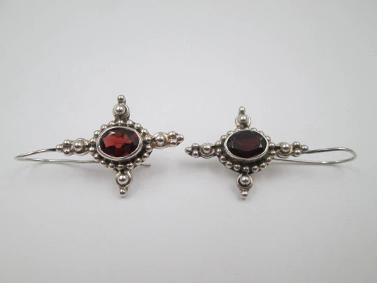 Women's earrings. 925 sterling silver and garnet stones. Hook clasp. Europe. 1980's