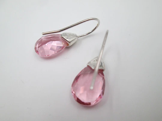Women's earrings. 925 sterling silver and pink gems. Hook clasp. 1990's