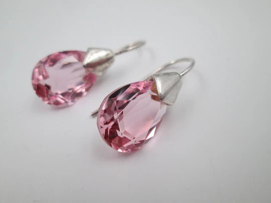 Women's earrings. 925 sterling silver and pink gems. Hook clasp. 1990's