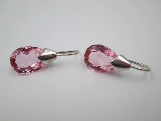 Women's earrings. 925 sterling silver and pink gems. Hook clasp. 1990's