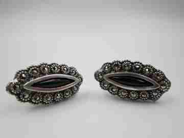 Women's earrings. 925 sterling silver. Marcasites and black gems. 1970's