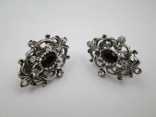 Women's earrings. 925 sterling silver. White and black gems. Clip clasp. Spain. 1980's