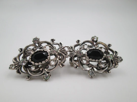 Women's earrings. 925 sterling silver. White and black gems. Clip clasp. Spain. 1980's