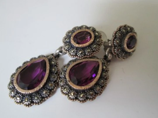 Women's earrings. Sterling silver, gold, marcasites and amethysts. 1970's Women's earrings. Sterling silver, gold, marcasites and amethysts. 1970's