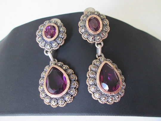 Women's earrings. Sterling silver, gold, marcasites and amethysts. 1970's Women's earrings. Sterling silver, gold, marcasites and amethysts. 1970's