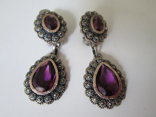 Women's earrings. Sterling silver, gold, marcasites and amethysts. 1970's Women's earrings. Sterling silver, gold, marcasites and amethysts. 1970's