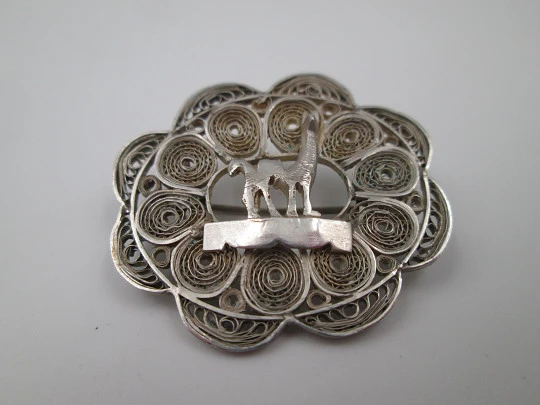Women's filigree brooch. Sterling silver. Llama figure. Pin back. 1980's. South America