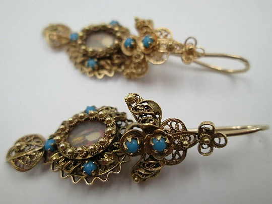 Women's filigree earrings. 18k yellow gold & turquoises. 1910. Reliquary