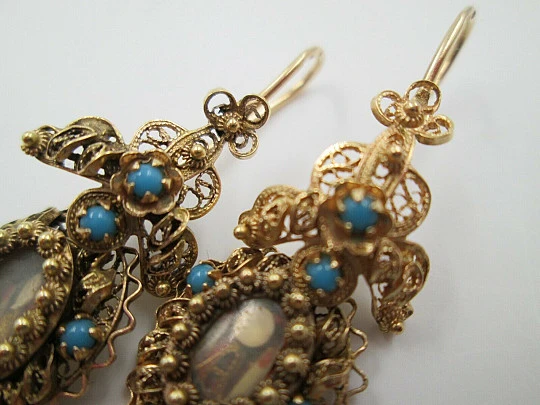 Women's filigree earrings. 18k yellow gold & turquoises. 1910. Reliquary