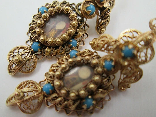 Women's filigree earrings. 18k yellow gold & turquoises. 1910. Reliquary