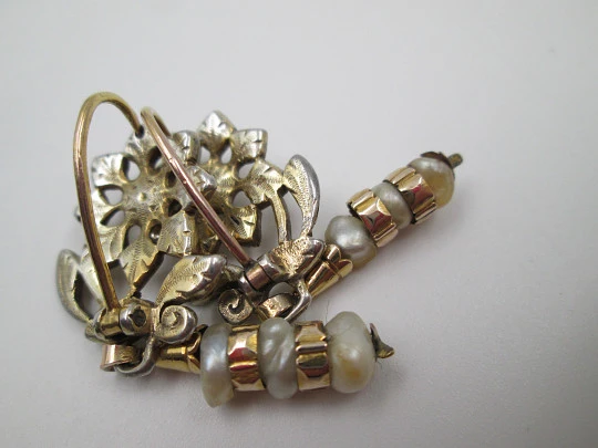 Women's flower earrings. Vermeil silver, gold, seed pearls & diamonds