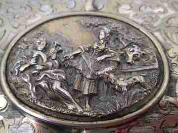 Women's french handbag. Silver & vermeil. Romantic scene. 1900's