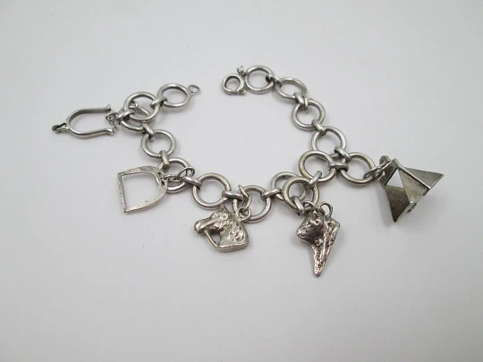 Women's hoops bracelet. Sterling silver. Equestrian pendants. 1960's