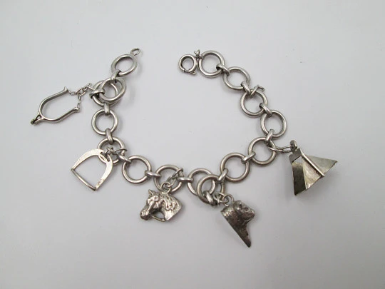 Women's hoops bracelet. Sterling silver. Equestrian pendants. 1960's