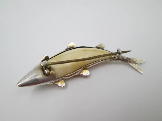 Womens Jumping Fish Brooch Sterling Silver Ivory 1940s