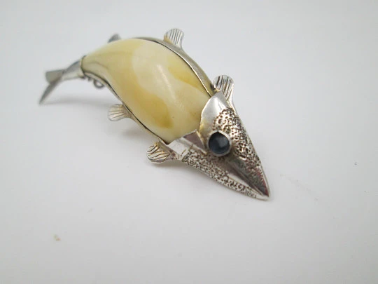 Women's jumping fish brooch. Sterling silver and ivory. 1940's. Europe