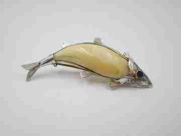 Women's jumping fish brooch. Sterling silver and ivory. 1940's. Europe