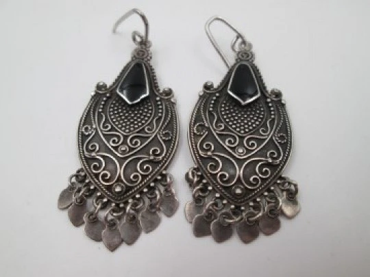 Women's long earrings. 925 sterling silver and black stones. Hook clasp. 1990's