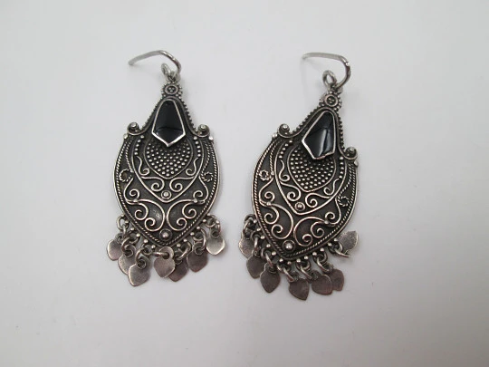 Women's long earrings. 925 sterling silver and black stones. Hook clasp. 1990's